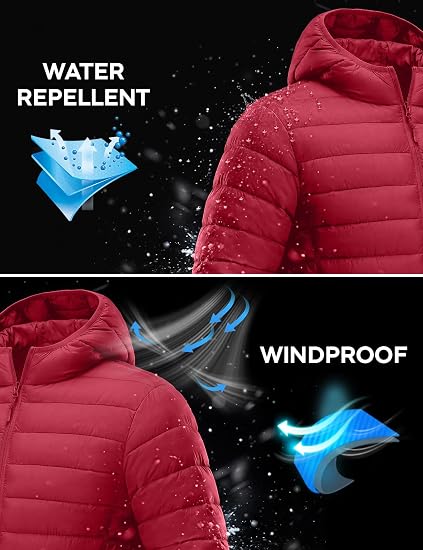 Mens Lightweight Puffer Jacket with Hood Packable Coats